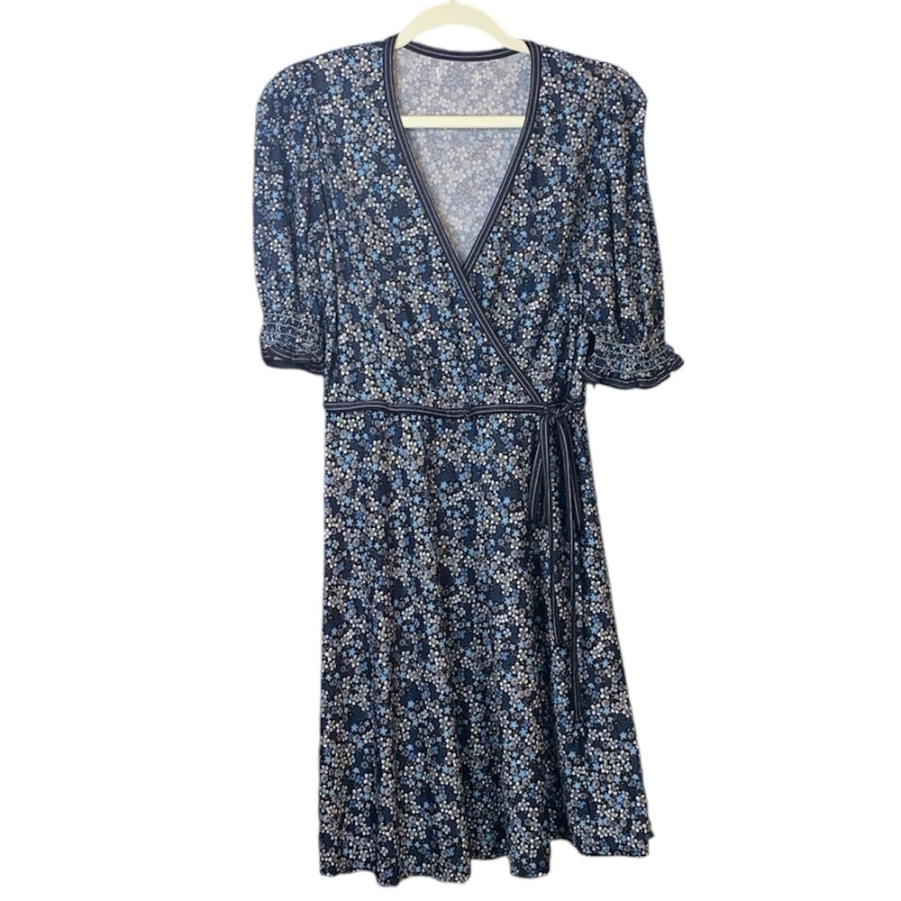 Navy Blue/White Floral Wrap Dress, Size Small